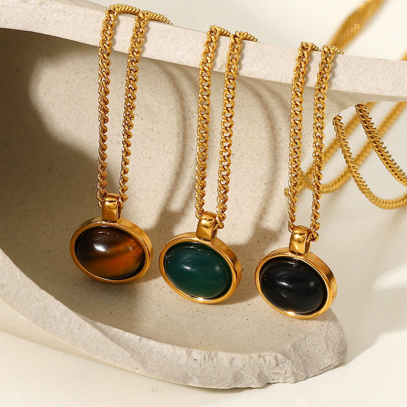Wholesale Pendant Necklace Natural Stone Oval Geometric Stainless Steel Titanium Steel Electroplated Women's Jewelry