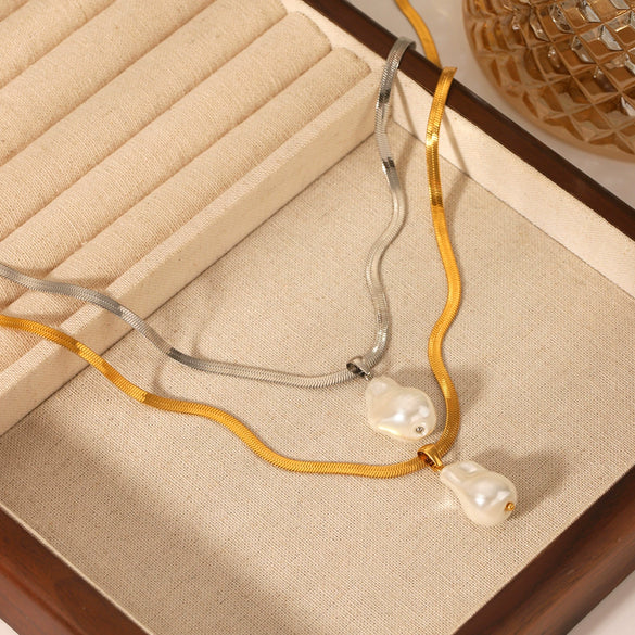 Wholesale Pendant Necklace Stainless Steel Blade Chain Geometric Imitation Baroque Pearl 18K Gold Plated