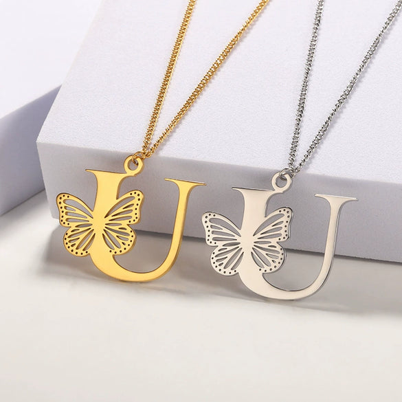 Wholesale Pendant Necklace Stainless Steel Copper Gold Plated Butterfly Letter Design