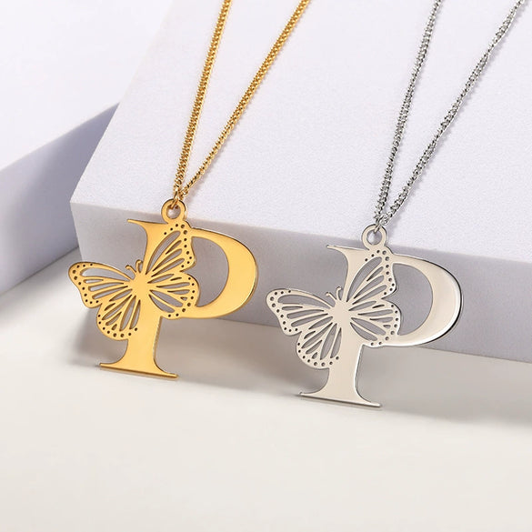 Wholesale Pendant Necklace Stainless Steel Copper Gold Plated Butterfly Letter Design