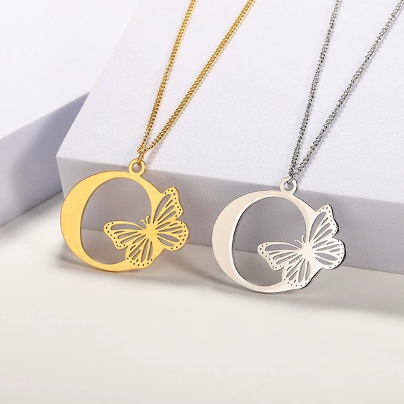Wholesale Pendant Necklace Stainless Steel Copper Gold Plated Butterfly Letter Design