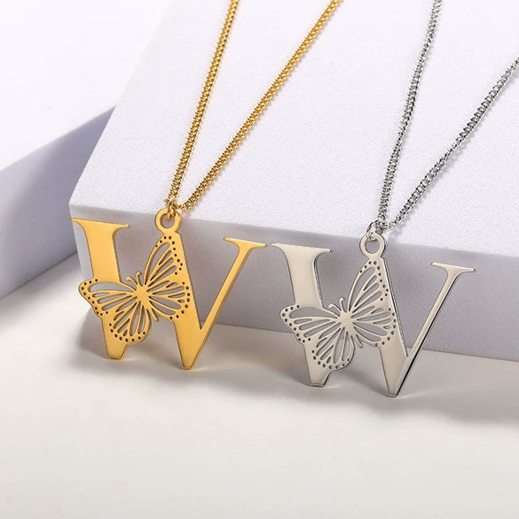 Wholesale Pendant Necklace Stainless Steel Copper Gold Plated Butterfly Letter Design