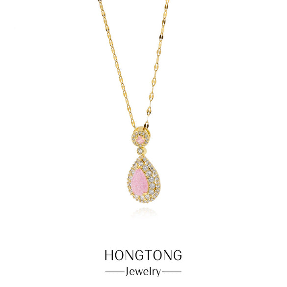 Wholesale Pendant Necklace Stainless Steel Dropshaped Microinlaid Pink Zircon Electroplating Geometric Style Ochain