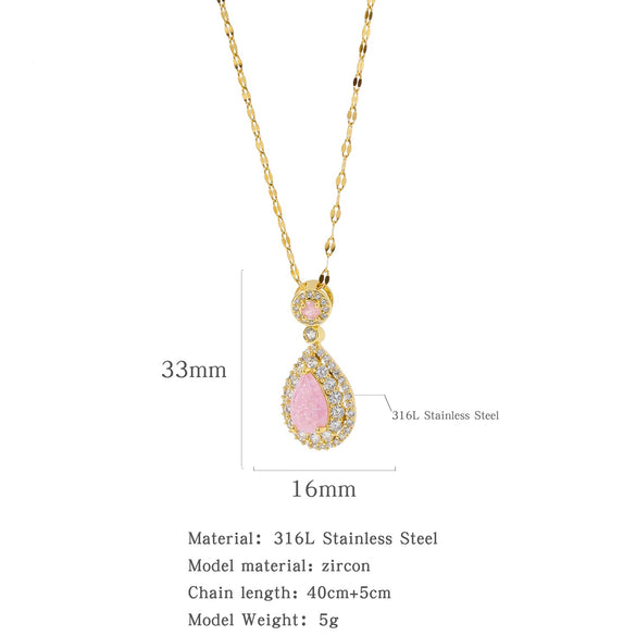 Wholesale Pendant Necklace Stainless Steel Dropshaped Microinlaid Pink Zircon Electroplating Geometric Style Ochain