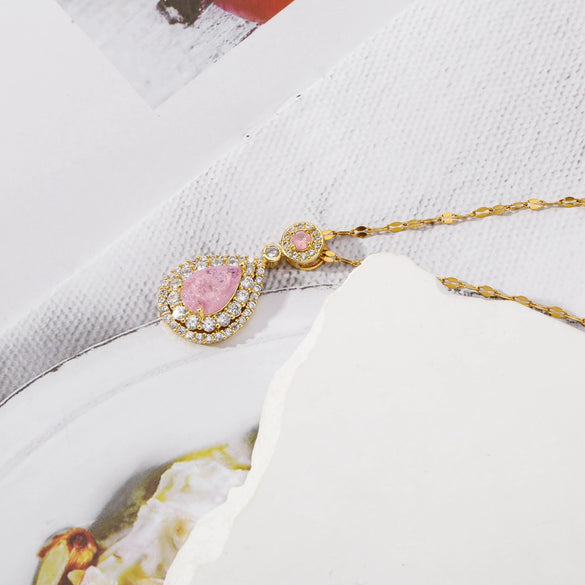 Wholesale Pendant Necklace Stainless Steel Dropshaped Microinlaid Pink Zircon Electroplating Geometric Style Ochain