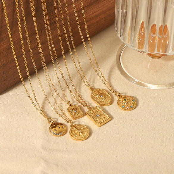 Wholesale Pendant Necklace Stainless Steel French Retro Stylish Geometric Lava Texture Inlaid Zircon 18K Gold Electroplated