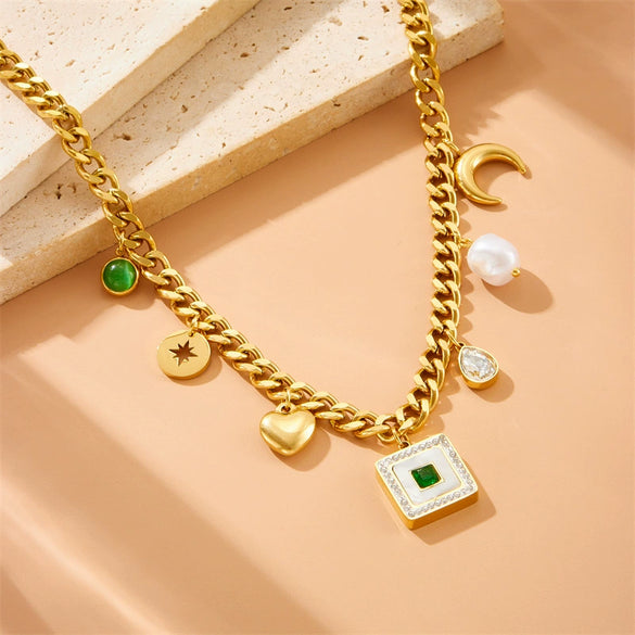 Wholesale Pendant Necklace Stainless Steel Gold Plated White Shell Square Drop Shape Moon Love Pearl For Women