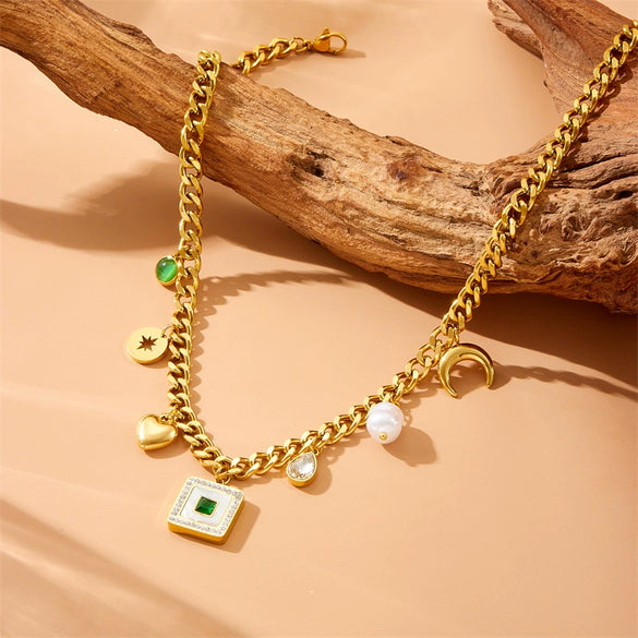 Wholesale Pendant Necklace Stainless Steel Gold Plated White Shell Square Drop Shape Moon Love Pearl For Women