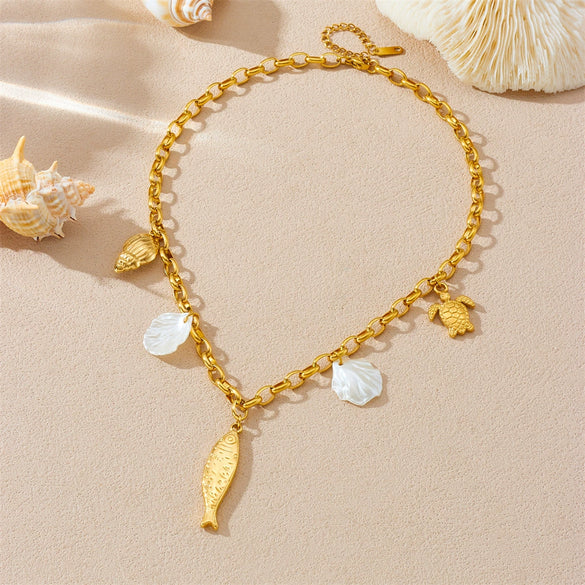 Wholesale Pendant Necklace Stainless Steel Goldplated With Marine Animal Zodiac Elements