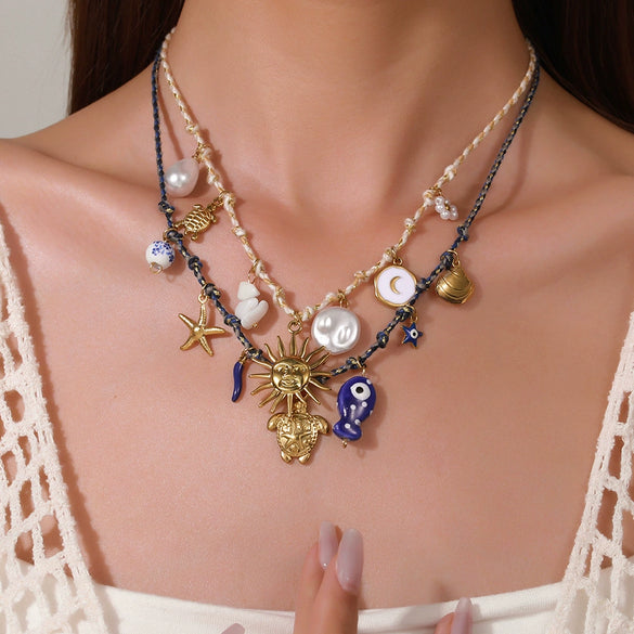 Wholesale Pendant Necklace Stainless Steel Handmade Geometric Starfish Turtle Love Summer Clavicle Chain