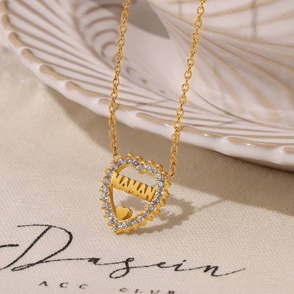 Wholesale Pendant Necklace 316L Stainless Steel Heart Shaped Hollow Zircon Letter Electroplated Light Luxury Style