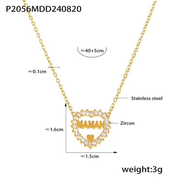 Wholesale Pendant Necklace 316L Stainless Steel Heart Shaped Hollow Zircon Letter Electroplated Light Luxury Style