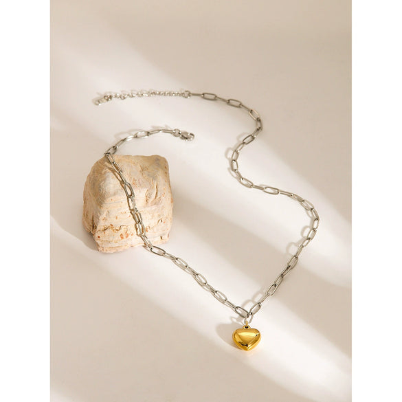Wholesale Pendant Necklace Stainless Steel Heartshaped Gold And Silver Colorblock Electroplated Unisex