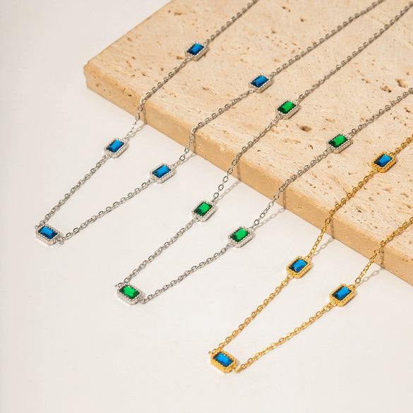 Wholesale Pendant Necklace Stainless Steel Multiple Square Green Zircon Geometric Electroplating Women's