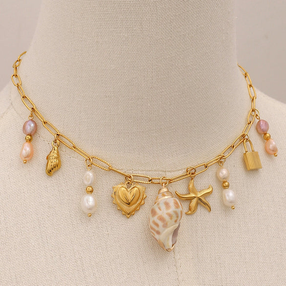 Wholesale Pendant Necklace Stainless Steel Pearl Hammer Starfish Conch Love Geometric Electroplating For Women