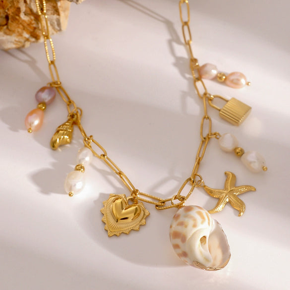 Wholesale Pendant Necklace Stainless Steel Pearl Hammer Starfish Conch Love Geometric Electroplating For Women