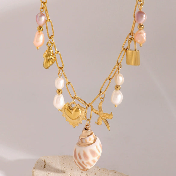 Wholesale Pendant Necklace Stainless Steel Pearl Hammer Starfish Conch Love Geometric Electroplating For Women