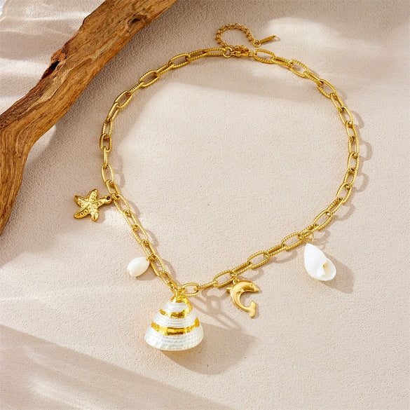 Wholesale Pendant Necklace Stainless Steel Starfish Shell Conch Animal Zodiac Style Electroplating