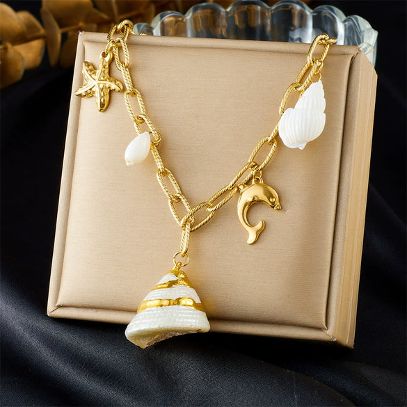 Wholesale Pendant Necklace Stainless Steel Starfish Shell Conch Animal Zodiac Style Electroplating