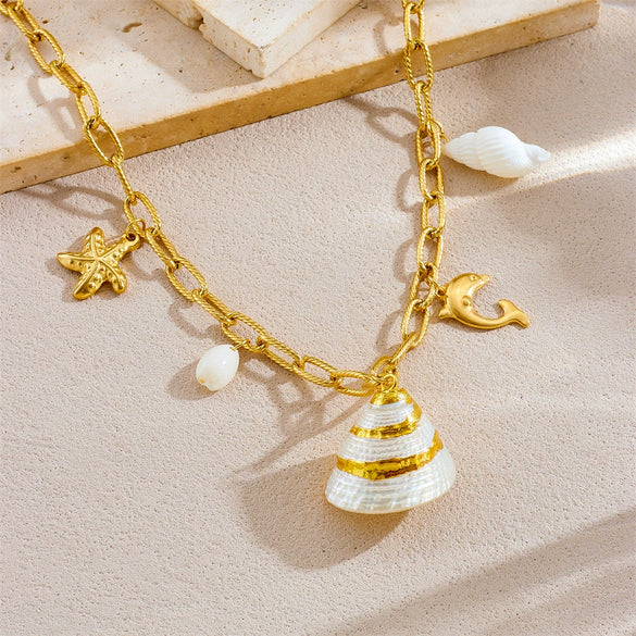 Wholesale Pendant Necklace Stainless Steel Starfish Shell Conch Animal Zodiac Style Electroplating