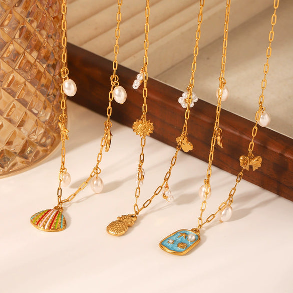 Wholesale Pendant Necklace Stainless Steel Titanium Steel Ocean Style Animal Zodiac Fruit Flower Bow Geometric Electroplating