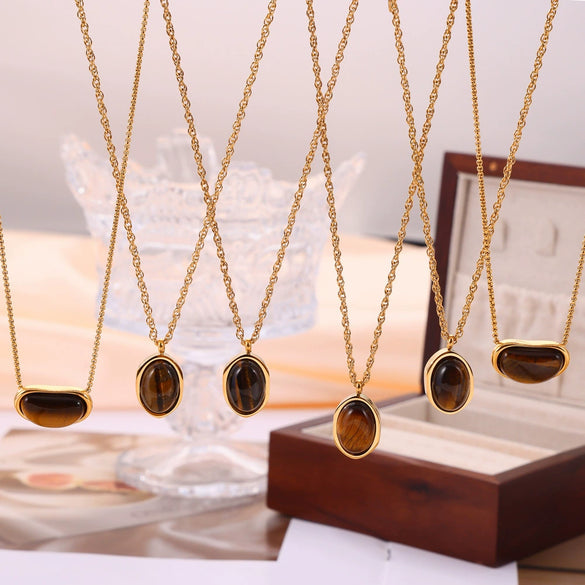 Wholesale Pendant Necklace Tiger's Eye Titanium Steel Retro Geometric Electroplating Women's