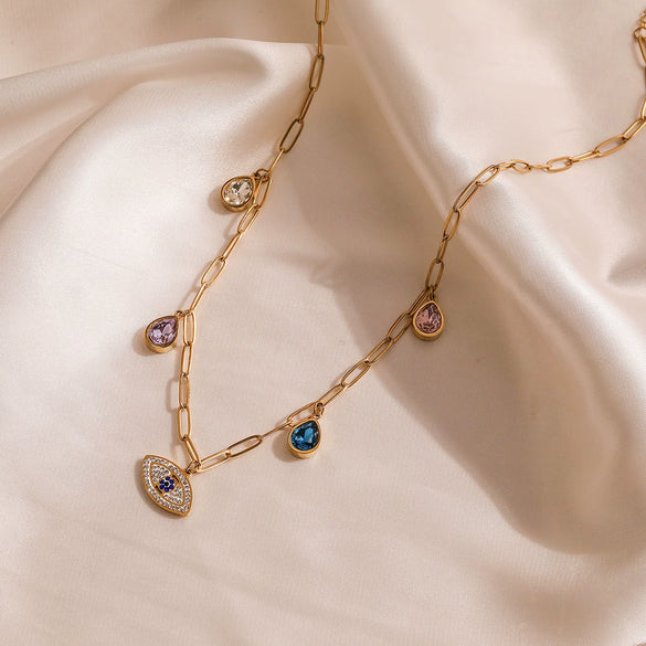 Wholesale Pendant Necklace Titanium Steel Geometric Simple Zircon Water Drop Devil's Eye Women's Fashion Highend Versatile