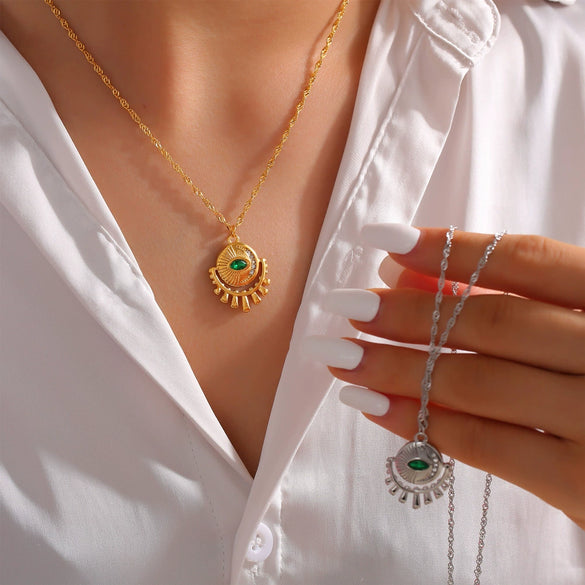Wholesale Pendant Necklace 316L Stainless Steel Gold Plated Geometric Round Inlaid Zircon Eye Design