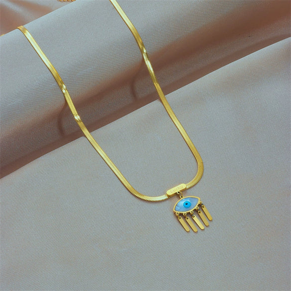 Wholesale Pendant Necklace Titanium Steel Snake Bone Chain Geometric Blue Eye Tassel Electroplated For Women