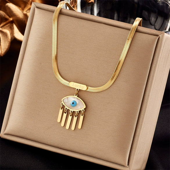 Wholesale Pendant Necklace Titanium Steel Snake Bone Chain Geometric Blue Eye Tassel Electroplated For Women