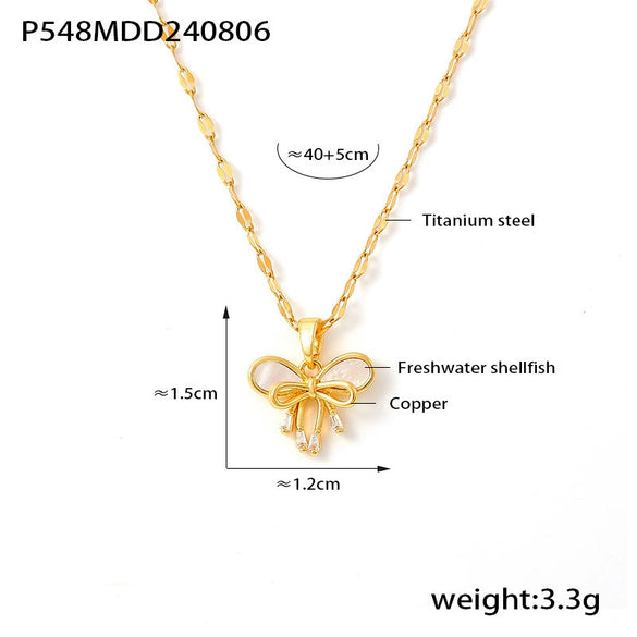 Wholesale Pendant Necklace Water Shell Copper 316L Stainless Steel Plated 18K Gold Double Bow Geometric Fairy Style
