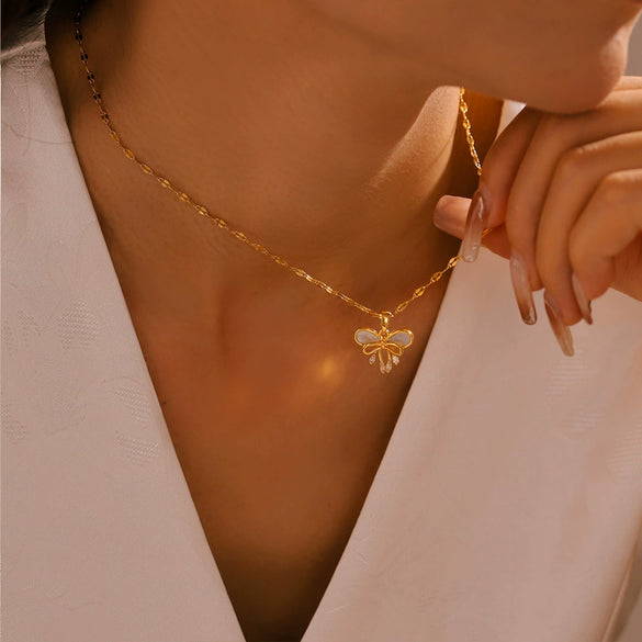 Wholesale Pendant Necklace Water Shell Copper 316L Stainless Steel Plated 18K Gold Double Bow Geometric Fairy Style