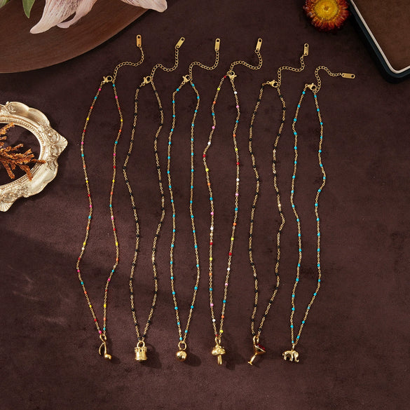 Wholesale Pendant Stainless Steel Elephant Mushroom Bead Chain Geometric Style Vacuum Plated 18K Gold Color