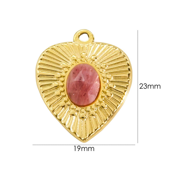 Wholesale Pendant Stainless Steel Inlaid Natural Stone Heart Shape Embossed Electroplated Retro Fashion