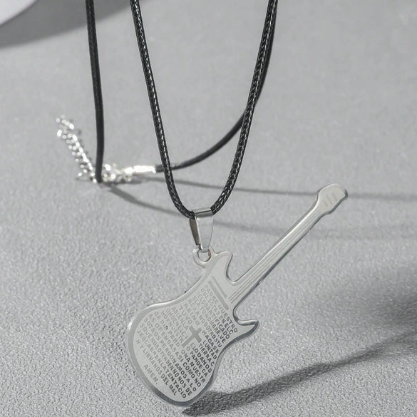Wholesale Personality Fashion Stainless Steel And Titanium Steel Guitar Music Pendant Necklace With Geometric Pattern And Polishing Treatment Pearl Chain Style Hip Hop Jewelry