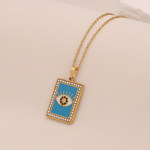 Wholesale Personality Geometric Stainless Steel Dripping Oil Eye Pendant Necklace With O Word Chain