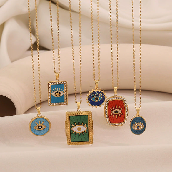 Wholesale Personality Geometric Stainless Steel Dripping Oil Eye Pendant Necklace With O Word Chain