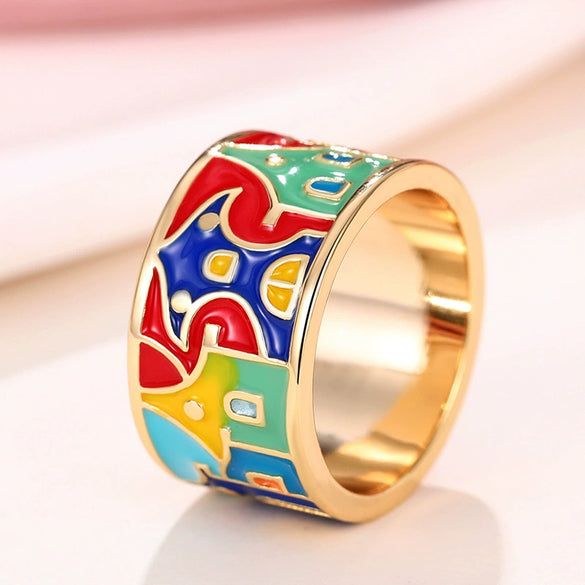 Wholesale Personality Ladies Ring Copper Geometric Dripping Oil Enamel