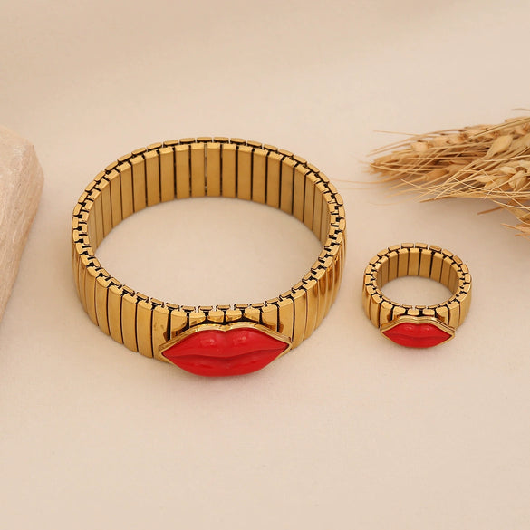 Wholesale Personalized Electroplated Stainless Steel Lip Bracelet And Ring Set