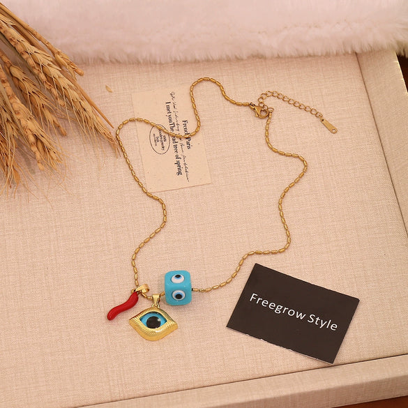 Wholesale Personalized Eye And Small Pepper Coral Copper Pendant Necklace