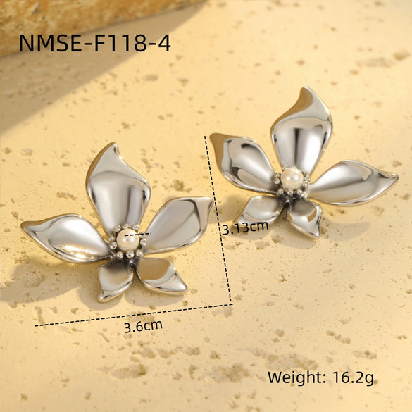 Wholesale Petal Pearl Stainless Steel Earrings With Flower Texture And Electroplating Light Luxury Exaggerated Style For Women
