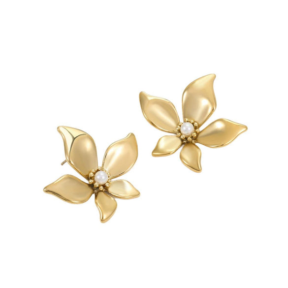Wholesale Petal Pearl Stainless Steel Earrings With Flower Texture And Electroplating Light Luxury Exaggerated Style For Women