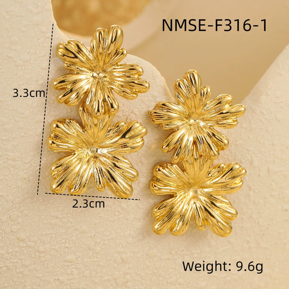 Wholesale Petal Pearl Stainless Steel Earrings With Flower Texture And Electroplating Light Luxury Exaggerated Style For Women