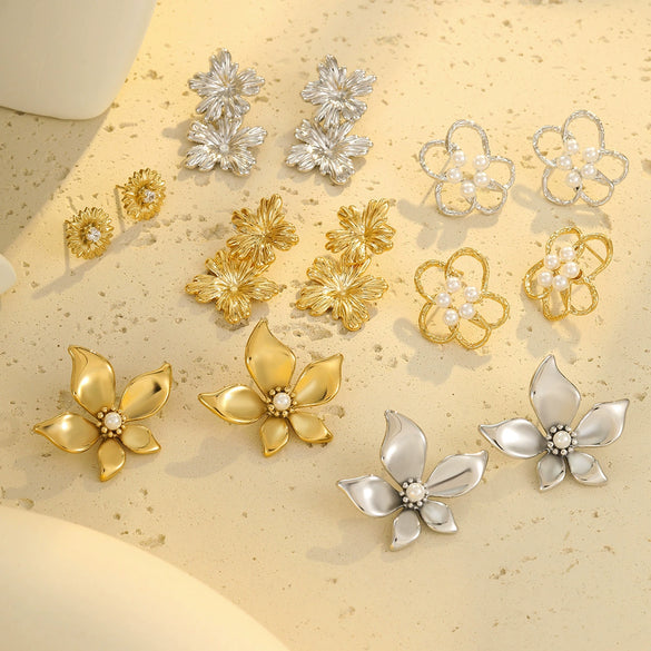 Wholesale Petal Pearl Stainless Steel Earrings With Flower Texture And Electroplating Light Luxury Exaggerated Style For Women