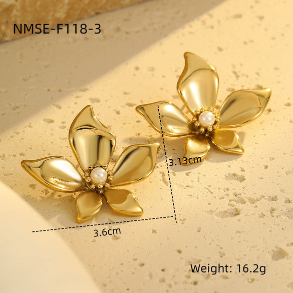 Wholesale Petal Pearl Stainless Steel Earrings With Flower Texture And Electroplating Light Luxury Exaggerated Style For Women