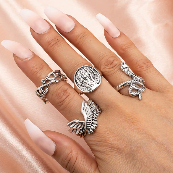 Wholesale 6Piece Set Bohemian Style Leaf Geometric Ring And Open Bracelet Combination In Alloy With Electroplating For Women