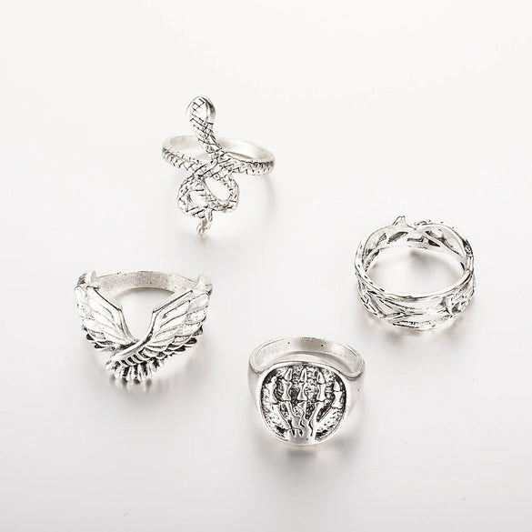 Wholesale 6Piece Set Bohemian Style Leaf Geometric Ring And Open Bracelet Combination In Alloy With Electroplating For Women