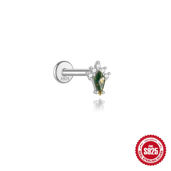 Wholesale Piercing Ear Bone Nail S925 Sterling Silver Geometric Natural Moss Agate Diamondset Environmentally Friendly Electroplated Unisex