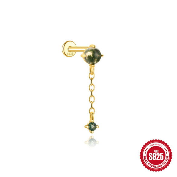 Wholesale Piercing Ear Bone Nail S925 Sterling Silver Geometric Natural Moss Agate Diamondset Environmentally Friendly Electroplated Unisex