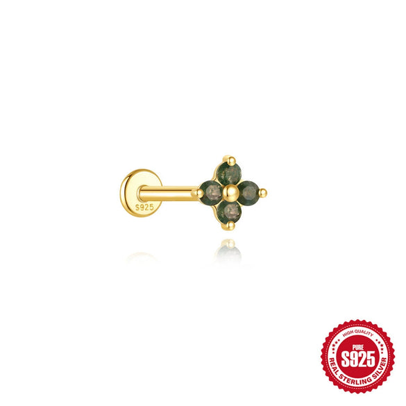 Wholesale Piercing Ear Bone Nail S925 Sterling Silver Geometric Natural Moss Agate Diamondset Environmentally Friendly Electroplated Unisex